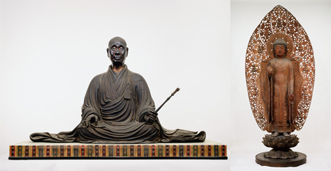 左:国宝《興正菩薩坐像》弘安3年(1280)西大寺蔵 写真提供:奈良国立博物館(撮影:森村 欣司)右:重要文化財《釈迦如来立像》建長元年(1249)西大寺蔵 写真提供:奈良国立博物館(撮影:森村 欣司)